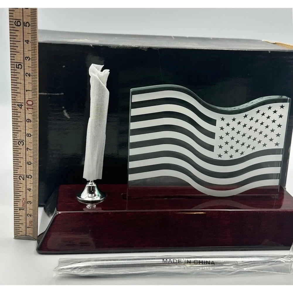 American Flag Etched Glass Desk Pen Set Wood Base Patriotic Executive Gift NEW